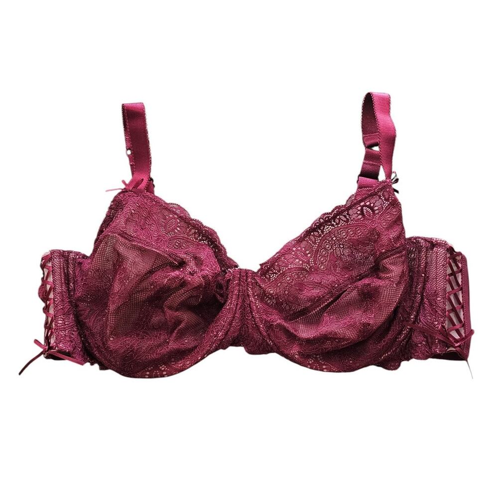 Adore Me womens Sz 42DD Sexy Unlined T Shirt Bra Burgundy Lace Up